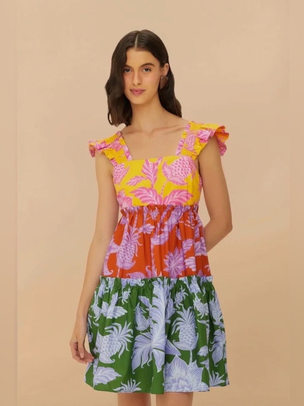 FARM Rio Yellow Pink Orange Green Tiered Mini Dress